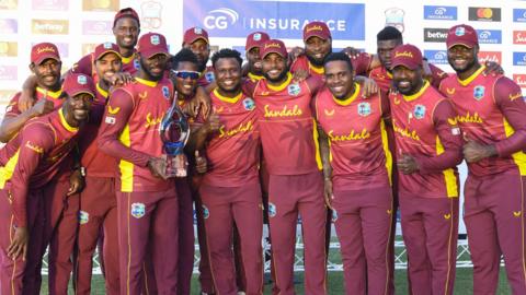 West Indies with the ODI series trophy