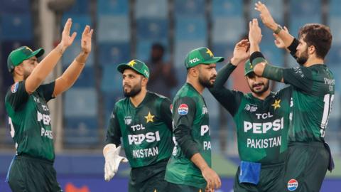 Pakistan celebrate a wicket against the UAE in the Asia Cup
