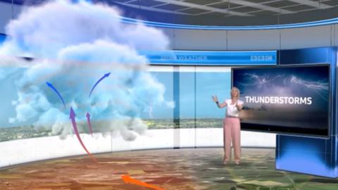 Sarah Keith-Lucas stands in front of graphics showing how thunderstorms form
