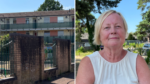 A composite image shows (left) a three-storey block of flats behind brick walls interspersed with black metal railings and (right) a woman with blonde hair facing the camera wearing a white blouse. Trees, overgrown weeds and houses can be seen in the background behind her.