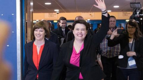 Ruth Davidson and her partner Jen Wilson arrive to hear the declaration for her seat at the Royal Highland Centre, Ingliston, on May 6, 2016 in Edinburgh, Scotland.