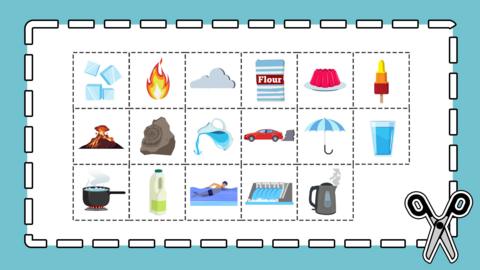 Grid of images to be cut out and sorted into solids, liquids and gases, things like fire, ice, water, umbrella, pan being heated, iced lolly.