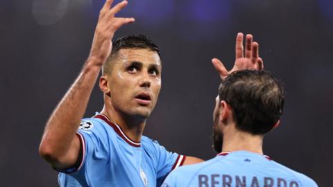 Rodri celebrates scoring for Man City