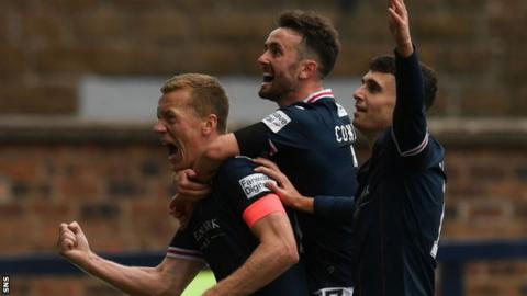 Scott Brown celebrates with his Raith Rovers team-mates after his late winner