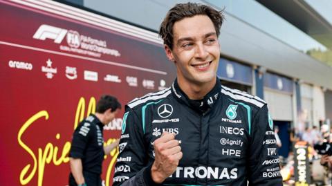 George Russell celebrates winning the Austrian Grand Prix 