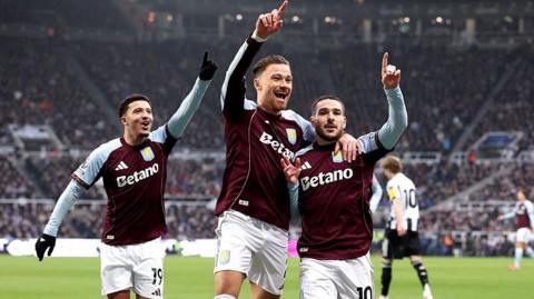 Emi Buendia celebrates after scoring for Aston Villa against Newcastle United at St James' Park on 25 January, 2026