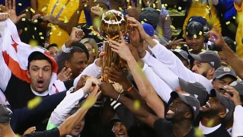 Golden State Warriors lift the Larry O'Brien Championship Trophy