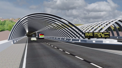 A CGI image of cars going through a tunnel on a road. There is a sign reading "Solent Freedom Tunnel status 11.30 hours... no delays"
