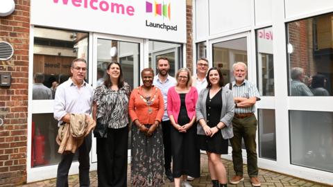 from left to right Ian Haslam, Fiona Hammond, Dr Alice Mpofu-Coles, Mayor of Reading Stephen Poland, Business supporter Su Hamblyn, CEO of Launchpad,Bill Montague, Hannah Powell, chair of Launchpad Trustees Richard Bennett, Deputy Lieutenants for the Royal County of Berkshire