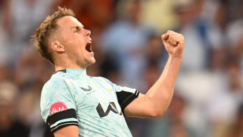 Surrey's Sam Curran celebrates a wicket at Somerset