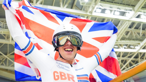 Great Britain's Archie Atkinson celebrates winning at the Para-cycling Track World Championships
