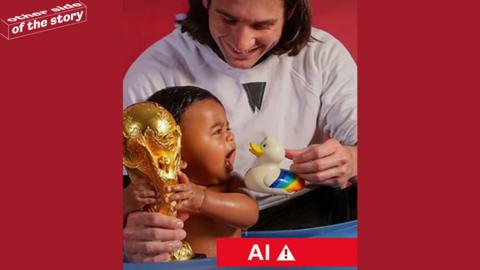 AI image of Lionel Messi bathing a baby Lamine Yamal