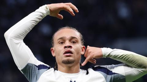 Xavi Simons celebrates his first goal for Spurs in the home win against Brentford in the Premier League.