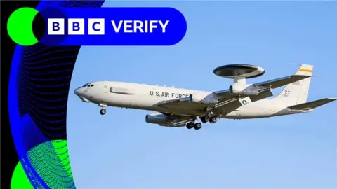 A US Air Force E-3 Sentry airborne warning and control aircraft seen arriving at RAF Mildenhall on 17 February