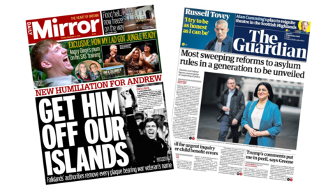 The headline on the front page of the Guardian reads: “Most sweeping reforms to asylum rules in a generation to be unveiled”. The headline on the front page of the Mirror reads: “Get him off our islands”.