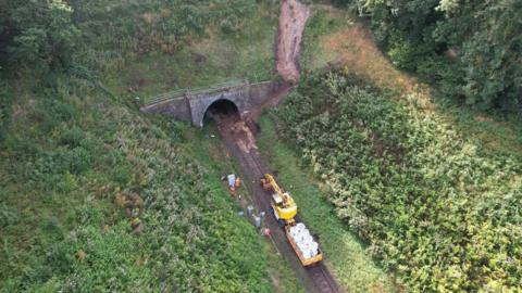 Ariel image of blocked train line between Axminster and Honiton due to landslide