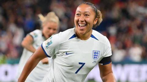 Chelsea and England Lauren James celebrates after scoring a goal. 