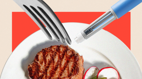 A semiglutide injection pen is used as a knife alongside a fork and a plate with a meal