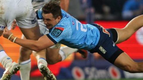 Cornel Smith makes a tackle for Bulls against Leinster in June 2024