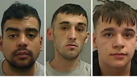 Mugshots of three men. Sean McLeod has short black hair and a beard running along the underside of his jaw. Liam Matthews has very short black hair and a long, thin face with patches of stubble. Ashton White has ruffled dark brown hair, a babyish face and two spots or moles on his right cheek.