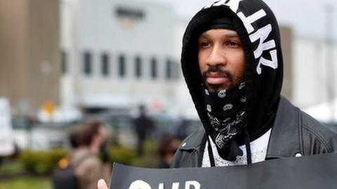 Former Amazon employee, Christian Smalls, stands with fellow demonstrators during a protest outside of an Amazon warehouse as the outbreak of the coronavirus disease (COVID-19) continues in the Staten Island borough of New York U.S., May 1, 2020.