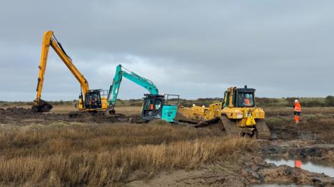 Two yellow diggers and one turquoise one work on the marsh, which is covered in grasses. There is a water-filled muddy channel in front and a worker in high-vis clothing to the right of the photo.