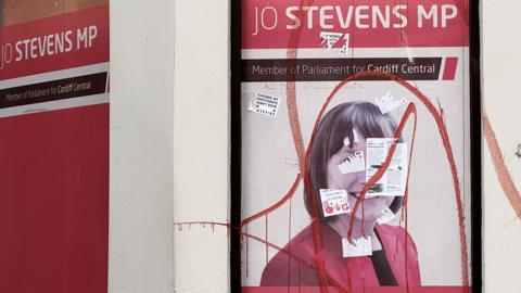 The vandalised office of Jo Stevens MP