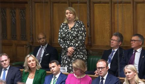 A woman with blonde hair standing up in the back row of parliament. She is wearing a white and black shirt dress and surrounding on benches by other members.