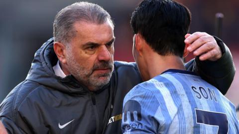 Ange Postecoglou hugging Son Heung-min