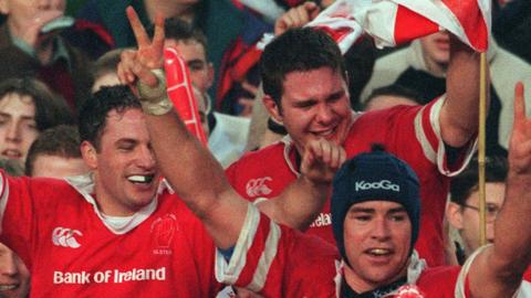 David Humphreys, Tony McWhirter and Andy Ward celebrate the European Cup final win over Colomiers