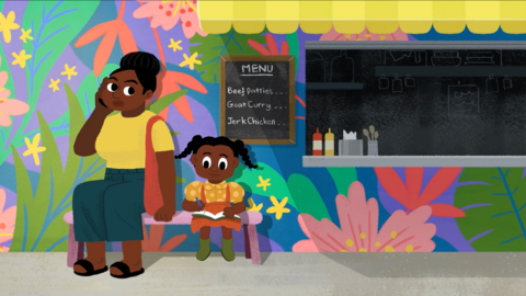 An illustration of a mother and daughter sit outside of a food stall.