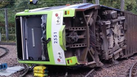 The tram which derailed near the Sandilands stop in Croydon