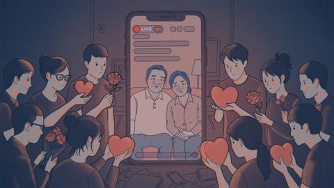 An illustration showing a pair of couple going live on their social media channel, who are surrounded by sad-looking young people handing their hearts and some flowers to the influencers