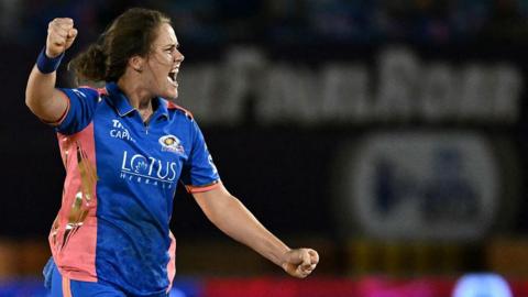 Nat Sciver-Brunt celebrates a wicket for Mumbai Indians