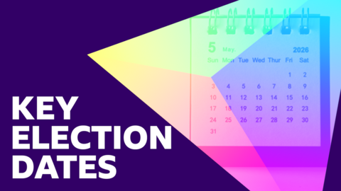 A graphic image, with the words 'Key Election Dates' in white writing on a purple background. On the right of the image, a calendar is visible, showing the month of May 2026.