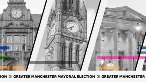 Greater Manchester election debate graphic, showing black and white images of the front of three town halls