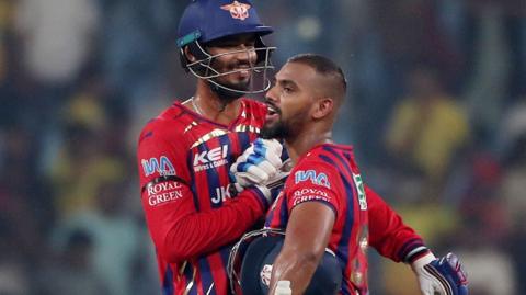 Nicholas Pooran celebrates hitting the winning runs