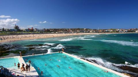 A pool next to a beach