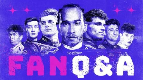 Graphic image of, from left to right, Alex Albon, George Russell, Max Verstappen, Lewis Hamilton, Lando Norris, Jack Doohan and Oliver Bearman. It is on a blue background with 'Fan Q&A' below the drivers