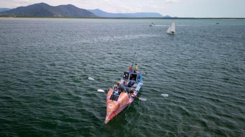 An aerial image of the brothers arriving at Cairns in Australia in their rowing boat.