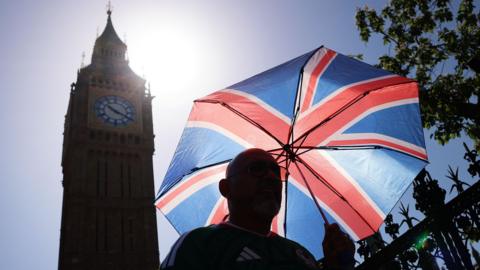 Man with union jack umbrella under Big Ben clock