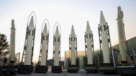 A range of Iranian ballistic missiles the government displayed in August 2023