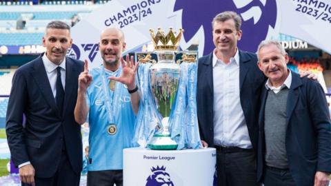 (From left) Manchester City chairman Khaldoon al-Mubarak, manager Pep Guardiola, chief executive Ferran Soriano and director of football Txiki Begiristain following the club's latest Premier League title success in May