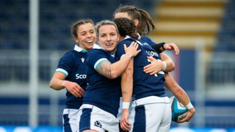 Scotland women rugby players celebrate