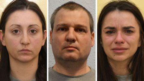 A composite: Mugshot of Katrin Ivanova, mugshot of Orlin Roussev, mugshot of Vanya Gaberova