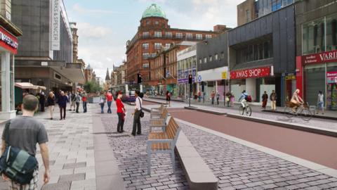 A CGI picture of how a revamped Argyle Street will look, with more pavement and people milling about