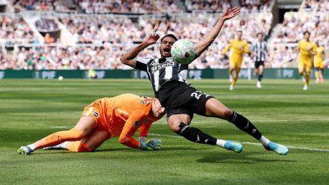 Jacob Murphy is tackled by Bart Verbruggen during Newcastle United's game against Brighton at St James' Park on 2 May 2026