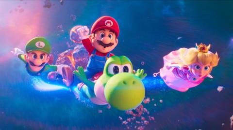 Cartoon characters Mario, Luigi, Princess Peach and Yoshi are flying through the sky towards the camera. Luigi is wearing a green cap with a white L and green long sleeved top and overalls, he has a mustache and blue eyes. Mario is wearing the same but in red, with an M on his cap. He is riding Yoshi; a cartoon green dinosaur with a red shell and large round nose. Peach is blond and is wearing a gold crown with a pink gown on.