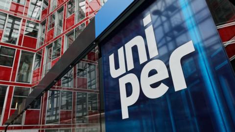 The logo of German gas giant Uniper seen on the outside of its headquarters in Duesseldorf