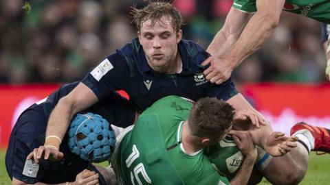 Scotland's Jonny Gray in action during the Guinness Six Nations match between Ireland and Scotland at The Aviva Stadium on February 1, 2020